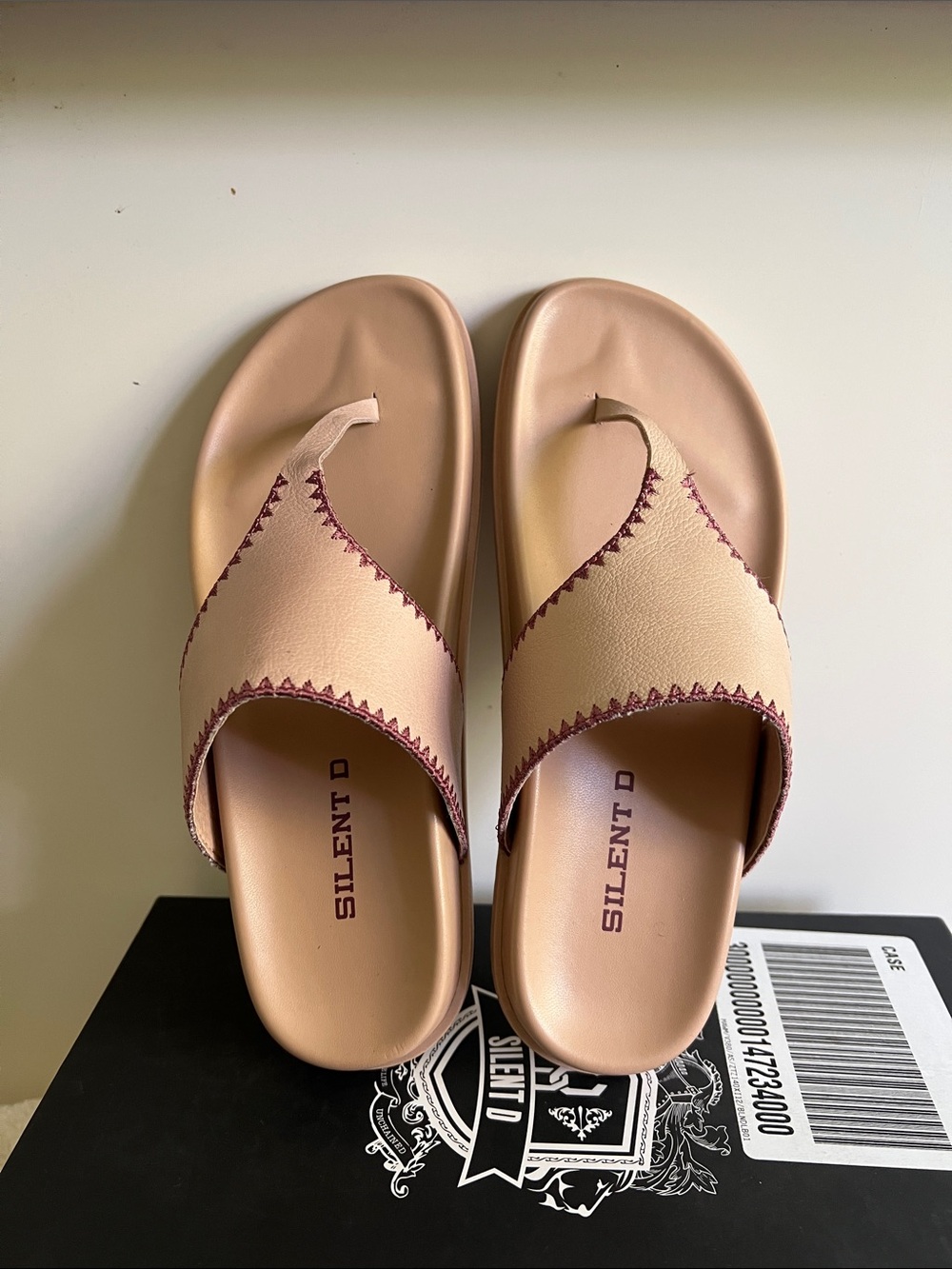 Silent D Tan Thong Sandals with Burgundy Stitching